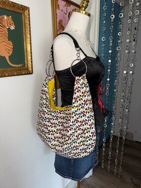 Vintage Y2K Women's Printed Hobo Bag in Multicolor with Yellow Lining